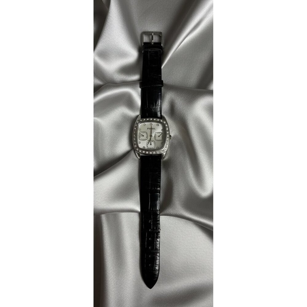 Fossil Women’s Silver Crystal Bezel Watch ES-1011 | Black Croc Leather‎ Band